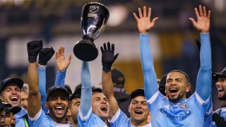 New York City FC celebrates winning the Eastern Conference Championship following an MLS playoff soccer match against the Philadelphia Union, Sunday, Dec. 5, 2021, in Chester, Pa. New York City FC won 2-1 and clinches the MLS Eastern Conference Championship