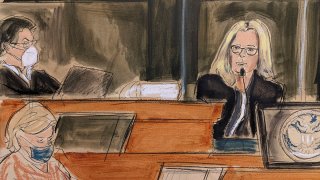 In this courtroom sketch Eva Andersson Dubin, right, testifies as Judge Alison Nathan, left, listens on the bench during the Ghislaine Maxwell's sex trafficking trial, Dec. 17, 2021, in New York.
