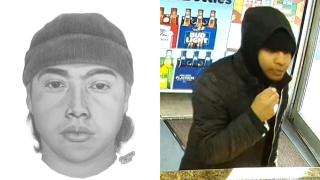 Police released a sketch and surveillance image of a suspect wanted for using a knife to threaten multiple people in Queens.