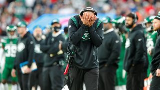 New York Jets head coach Robert Saleh reacts during the second half of an NFL football game against the Tampa Bay Buccaneers