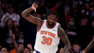 New York Knicks forward Julius Randle (30) reacts against the Boston Celtics during the second half of an NBA basketball game Thursday, Jan. 6