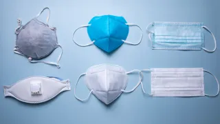 Different types of protective face masks commonly in use during the COVID-19 pandemic.