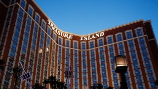 A general view of the Treasure Island hotel and casino Thursday, May 3, 2018, in Las Vegas. (AP Photo/John Locher)