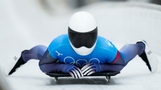 Kelly Curtis finishes a skeleton run