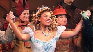 Actor Brittney Johnson appears on stage during the curtain call of the musical "Wicked" at the Gershwin Theatre in New York