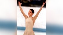 Nancy Kerrigan finishes her long performance at the 1994 Lillehammer Olympic Games, Feb. 25, 1994, in a costume designed by Vera Wang.