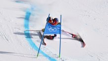 USA's Nina O'Brien crashes in the second run of the Women's Giant Slalom during the 2022 Winter Olympics at the Yanqing National Alpine Skiing Centre in Yanqing, China on Feb. 7, 2022.