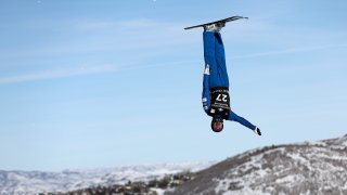 Christopher Lillis of Team United States takes a training run for the Men's Aerials during the Intermountain Healthcare Freestyle International Ski World Cup at Deer Valley Resort on January 12, 2022 in Park City, Utah