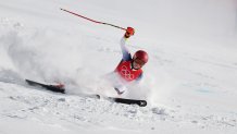 Mikaela Shiffrin of Team United States crashes during the Women's Giant Slalom on day three of the Beijing 2022 Winter Olympic Games at National Alpine Ski Centre on Feb. 7, 2022, in Yanqing, China.