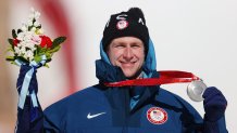 Silver medallist Ryan Cochran-Siegle of Team United States poses during the Men's Super-G medal ceremony on day four of the 2022 Winter Olympics at National Alpine Ski Centre on Feb. 8, 2022, in Yanqing, China.