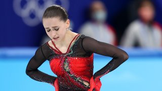 Kamila Valieva of Team ROC reacts after skating