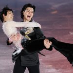 Liu Xinyu of Team China carrying Yuzuru Hanyu of Team Japan skates after the Figure Skating Gala Exhibition on day 16 of the 2022 Winter Olympics at Capital Indoor Stadium on Feb. 20, 2022, in Beijing, China.