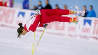 Cathy Fechoz of France does her routine during the ski ballet competition at the Olympic Games in Albertville, France.