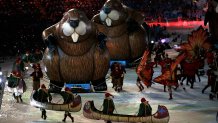 Beavers, canoers and dancing maple leafs fill the infield at BC Place during closing ceremonies for the Vancouver 2010 Winter Olympics on Feb. 28, 2010.