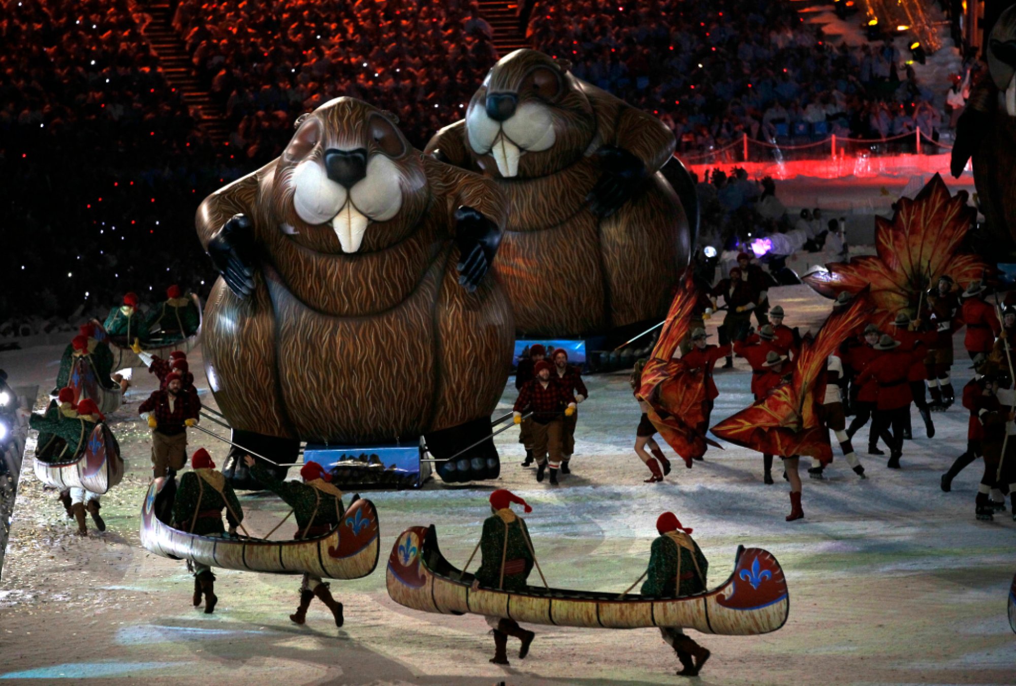 Beavers, canoers and dancing maple leafs fill the infield at BC Place during closing ceremonies for the Vancouver 2010 Winter Olympics on Feb. 28, 2010.