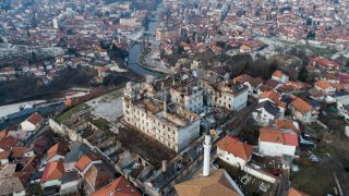 A view of the Jajce barracks damaged during the Bosnian war in the capital Sarajevo, Bosnia, Friday, March 4, 2022.