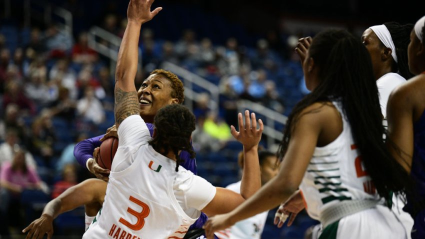 GREENSBORO, NC – MARCH 04: Clemson Tigers center Tylar Bennett (55) drives the lane against Miami Hurricanes forward Destiny Harden (3) during the ACC Women’s Tournament game between the Clemson Tigers and the Miami Hurricanes at Greensboro Coliseum on March 4, 2020 in Greensboro, NC.  (Photo by William Howard/Icon Sportswire via Getty Images)