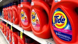 Bottles of Tide detergent, a Procter & Gamble product, are displayed for sale in a pharmacy on July 30, 2020 in Los Angeles, California.