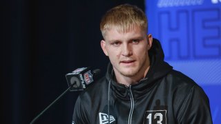 Trey Mcbride #TE13 of the Colorado State Rams speaks to reporters during the NFL Draft Combine at the Indiana Convention Center on March 2, 2022 in Indianapolis, Indiana.