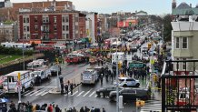 Emergency vehicles and the NYPD crowd the streets after at least 16 people were injured during a rush-hour shooting at a subway station Brooklyn, New York, on April 12, 2022.