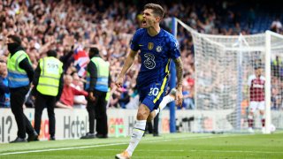 Christian Pulisic of Chelsea celebrates after scoring their team's first goal during the Premier League match between Chelsea and West Ham United at Stamford Bridge on April 24, 2022 in London, England.