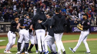 Mets players celebrate after combined no-hitter