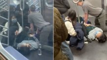 New Yorkers help injured riders in a train at the 36th Street subway station in Brooklyn's Sunset Park neighborhood in New York, April 12, 2022.