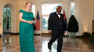 FILE - Virginia “Ginni” Thomas, wife of Supreme Court Associate Justice Clarence Thomas, right, arrive for a State Dinner with Australian Prime Minister Scott Morrison and President Donald Trump at the White House, Sept. 20, 2019, in Washington.