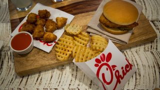 Chicken nuggets, french fries, and a fried chicken sandwich