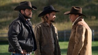 (L-R) Cole Hauser as Rip Wheeler, Luke Grimes as Kayce Dutton and Kevin Costner as John Dutton.
