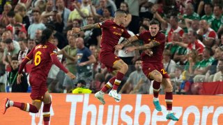 Roma’s Nicolo Zaniolo, right, celebrates after scoring his side’s opening goal during the Europa Conference League final between AS Roma and Feyenoord at National Arena in Tirana, Albania.