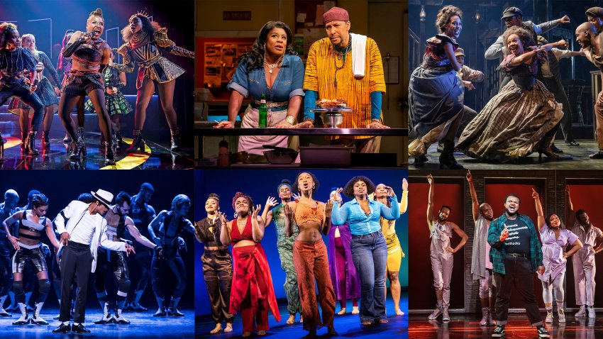 This combination of photos shows scenes Broadway performances from the musical "Six," top row from left, the Lynn Nottage play "Clyde's," and the musical "Paradise Square," bottom row from left, the musical "MJ," the play ""for colored girls who have considered suicide/when the rainbow is enuf," and the musical "A Strange Loop."
