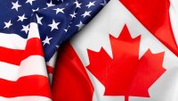 American and Canadian flags together. Top view.