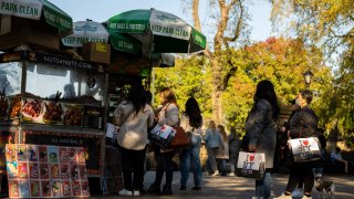 People wait in line for food at Central Park