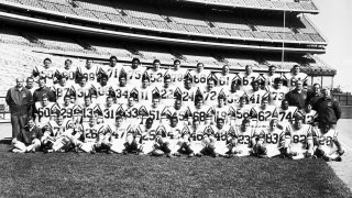 UNITED STATES – JANUARY 01: The AFL Champion New York Jets of 1968: Front row (L to R.) Trainer Jeff Snedeker; Karl Henke; Jim Richards; Mike D’Amato; Harvey Nairn; Randy Beverly; Bill Laird; Cornell Gordon; Bill Rademacher; George Sauer,Jr.; Hatch Rosdahl and Robert Taylor; SECOND ROW: Larry Grantham, Bake Turner; Don Maynard; Bill Mathis; Curley Johnson; Ralph Baker; Earl Christy; Mike Stromberg; Tommy Burnett; Paul Crane; Al Atkinson; Jeff Richardson; Joe Namath and coach Weeb Ewbank.THIRD ROW: coach Clive Rush; equipment manager Bill Hampton; coach Walt Michaels; Pete Lammons; Mark Smolinski; Verlon Biggs; Lee White; Jim Turner; Jim Hudson; John Sample; Paul Rochester; Emerson Boozer; Matt Snell; Tony DiMidio; coach Joe Spencer and coach Buddy Ryan. TOP ROW: Carl McAdams; John Elliot; Ray Hayes; Sam Walton; Winston Hill; John Schmitt; Steve Thompson; Randy Rasmussen; Bob Talamini; Dave Herman; Babe Parilli and Gerry Philbin. (Photo by Bob Olen/NY Daily News Archive via Getty Images)