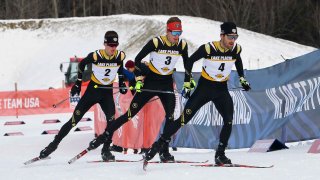 Jasper Good (2), Jared Schumate (3) and Taylor Fletcher (4) compete during the cross-country stage of the Nordic combined 10 kilometers at the U.S. Olympic team trials at the Mount Van Hoevenberg Olympic Sports Complex on Friday, Dec. 24, 2021, in Lake Placid, N.Y.