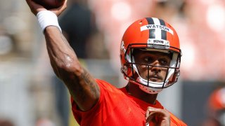 Cleveland Browns quarterback Deshaun Watson throws a pass during an NFL football practice at FirstEnergy Stadium, Thursday, June 16, 2022, in Cleveland.