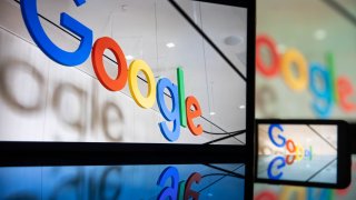 Google signage during the virtual Google Pixel Fall Launch event in New York, Oct. 19, 2021.