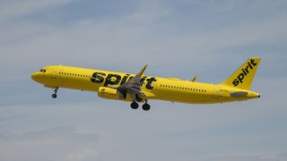 A Spirit Airlines plane takes off.