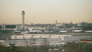 Aerial view of control tower and tarmac at Newark, New Jersey