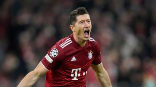 Bayern’s Robert Lewandowski celebrates after scoring his side’s opening goal during the Champions League, second leg, quarterfinal soccer match between Bayern Munich and Villareal at the Allianz Arena, in Munich, Germany, Tuesday, April 12, 2022.