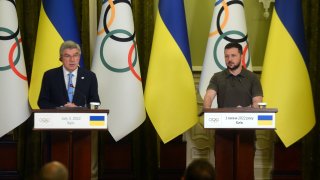 President of the International Olympic Committee Thomas Bach (L) and President of Ukraine Volodymyr Zelenskyy are pictured during a joint briefing, Kyiv, capital of Ukraine.