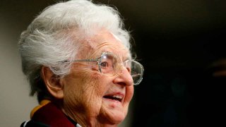 Loyola’s Sister Jean answers questions during a news conference for the 2018 Final Four NCAA college basketball tournament in San Antonio. Sister Jean turned 103 on Sunday.