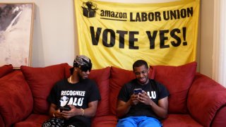 Chris Smalls and Derrick Palmer at the temporary headquarters of the Amazon Labor Union in Staten Island, New York, on June 15, 2022.