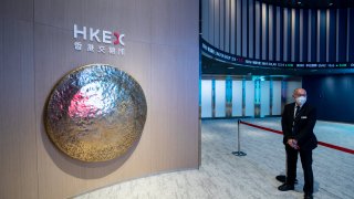 A gong inside the Hong Kong Stock Exchange. China Vanke’s subsidiary Onewo and EV maker Zhejiang Leapmotor Technology began trading on the Hong Kong market on Thursday.