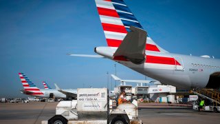 This photograph taken on August 7, 2018, shows an American Airlines Airbus A330-243 aircraft on the tarmac at Roissy-Charles de Gaulle Airport, north of Paris.