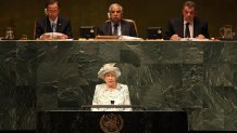 NEW YORK - JULY 06: Queen Elizabeth II addresses the United Nations General Assembly July 6, 2010 in New York City. The Queen will visit Ground Zero later today in her first visit to New York since 1976. (Photo by Mario Tama/Getty Images)