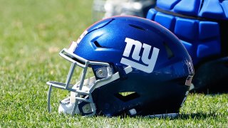 A general view of a New York Giants helmet on the field