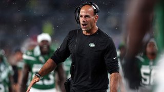 Head coach Robert Saleh of the New York Jets reacts after a touchdown during the 2nd half of the preseason game against the Atlanta Falcons at MetLife Stadium on August 22, 2022 in East Rutherford, New Jersey. (Photo by Jamie Squire/Getty Images)