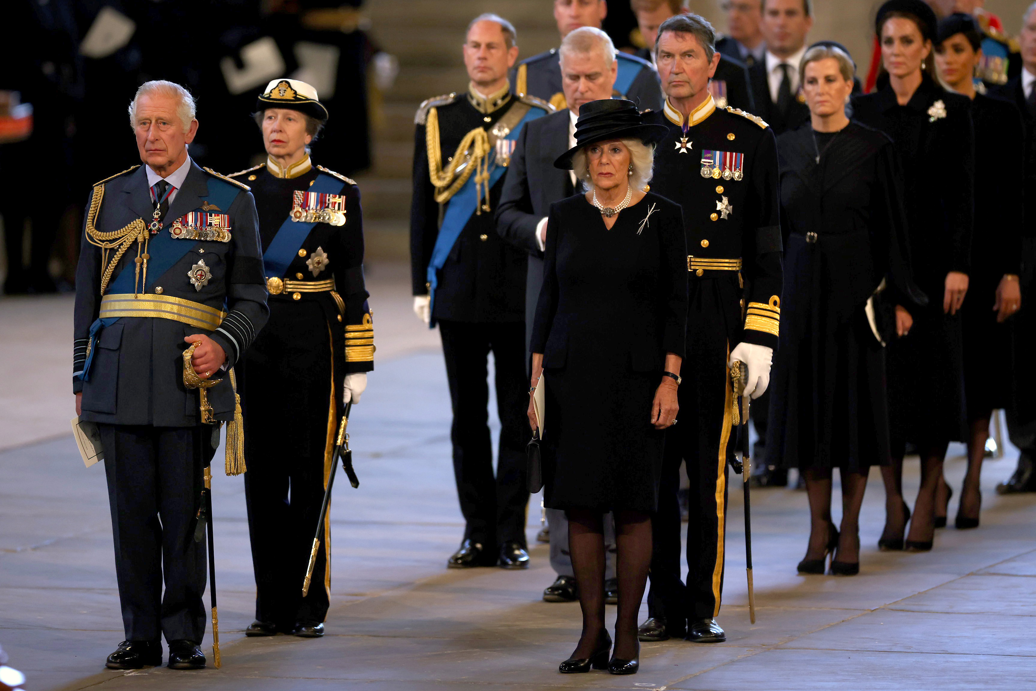 King Charles III, Anne, Princess Royal, Prince Edward, Earl of Wessex, Prince William, Prince of Wales, Prince Andrew, Duke of York, Camilla, Queen Consort, Sir Timothy Laurence, Mr. Peter Phillips, Sophie, Countess of Wessex, Catherine, Princess of Wales, Princess Beatrice and Prince Edward, Duke of Kent seen inside the Palace of Westminster for the Lying-in State of Queen Elizabeth II, Sept. 14, 2022 in London.